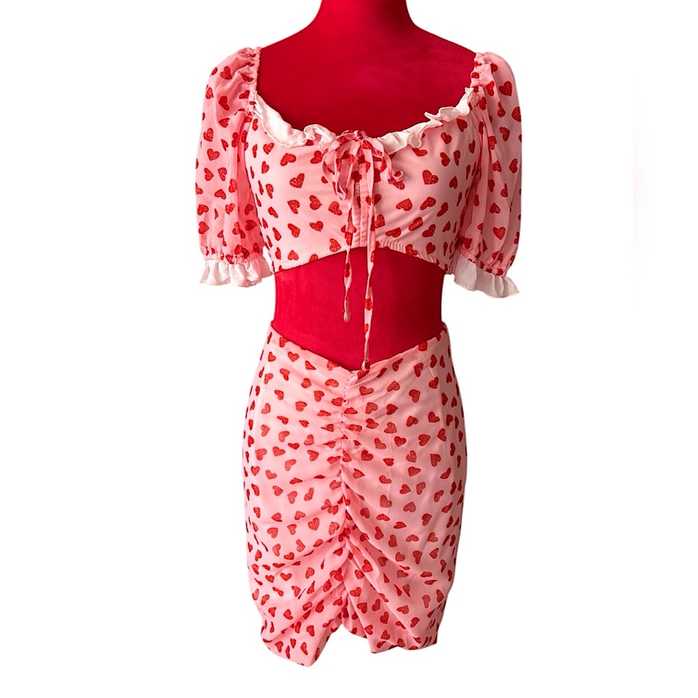 Pink Heart Print Crop Top and Mini skirt Set Small Medium Romantic Kawaii